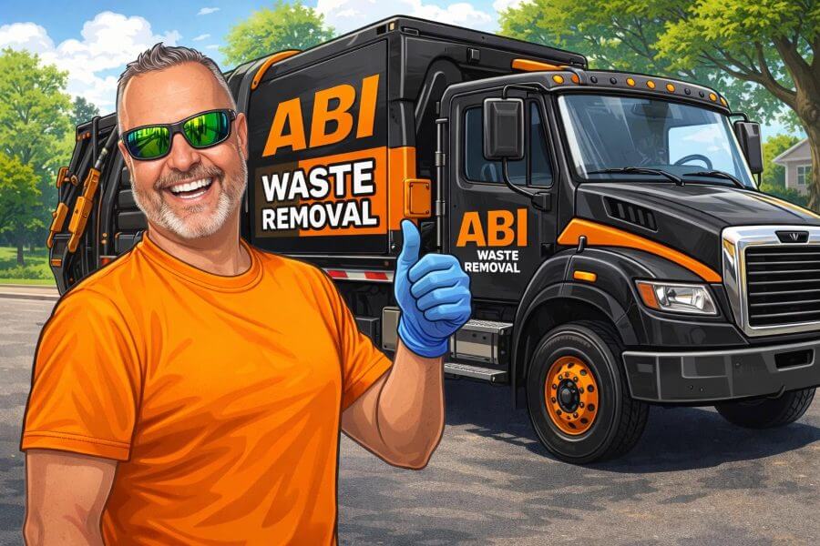 AI caricature image of a man wearing sunglasses pointing to black and orange trash truck