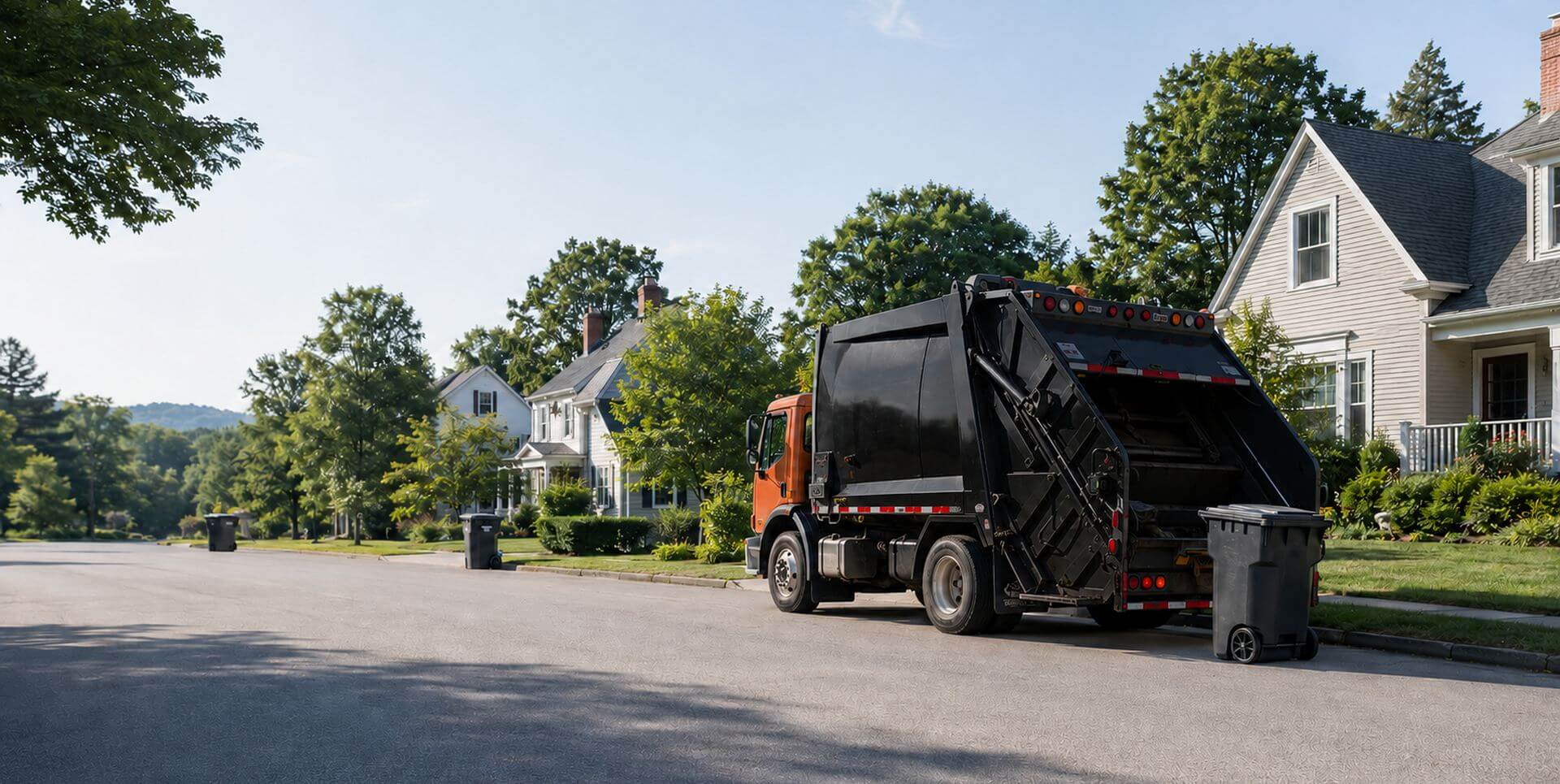 Black and orange trash truck on town street